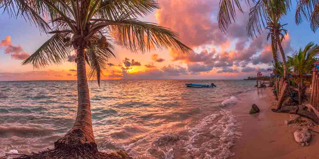 Big Corn Island beach. Palm trees and an orange and pink sunset.